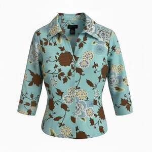Silk Land 100% Silk Floral Robbins Egg Blue Button Jacket Blouse Jacket Size L